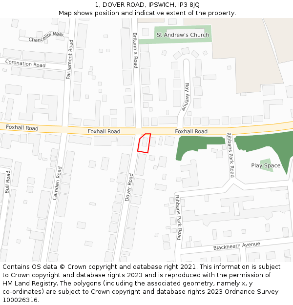 1, DOVER ROAD, IPSWICH, IP3 8JQ: Location map and indicative extent of plot