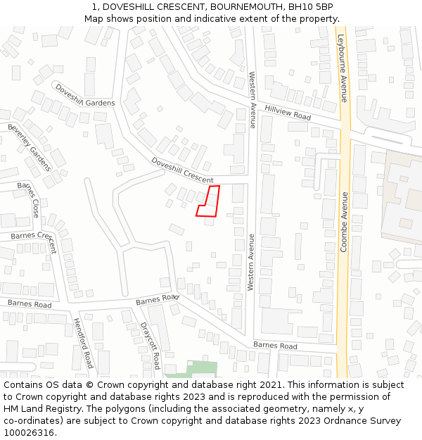 1, DOVESHILL CRESCENT, BOURNEMOUTH, BH10 5BP: Location map and indicative extent of plot