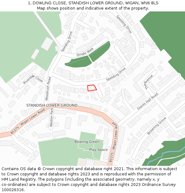 1, DOWLING CLOSE, STANDISH LOWER GROUND, WIGAN, WN6 8LS: Location map and indicative extent of plot