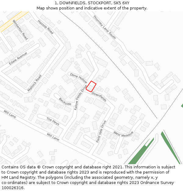 1, DOWNFIELDS, STOCKPORT, SK5 6XY: Location map and indicative extent of plot