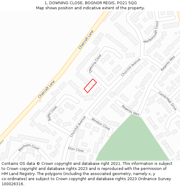 1, DOWNING CLOSE, BOGNOR REGIS, PO21 5QG: Location map and indicative extent of plot