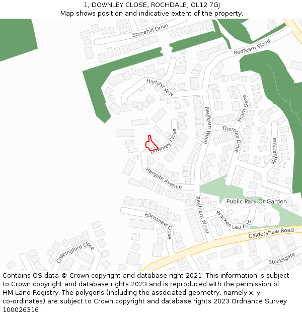 1, DOWNLEY CLOSE, ROCHDALE, OL12 7GJ: Location map and indicative extent of plot