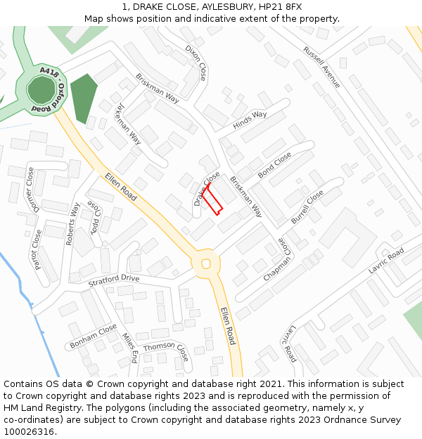 1, DRAKE CLOSE, AYLESBURY, HP21 8FX: Location map and indicative extent of plot