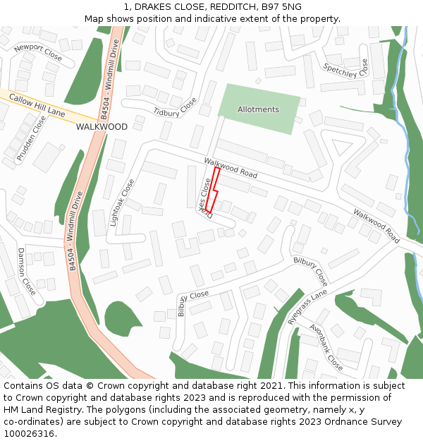 1, DRAKES CLOSE, REDDITCH, B97 5NG: Location map and indicative extent of plot