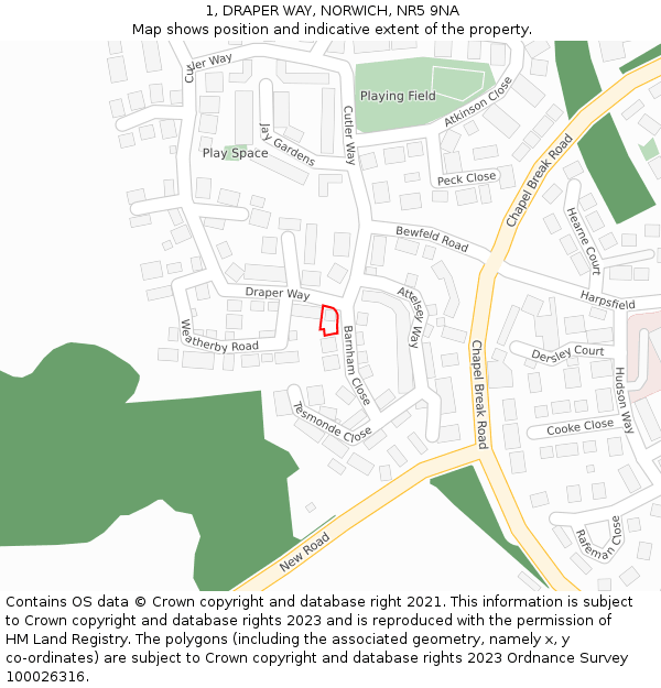 1, DRAPER WAY, NORWICH, NR5 9NA: Location map and indicative extent of plot