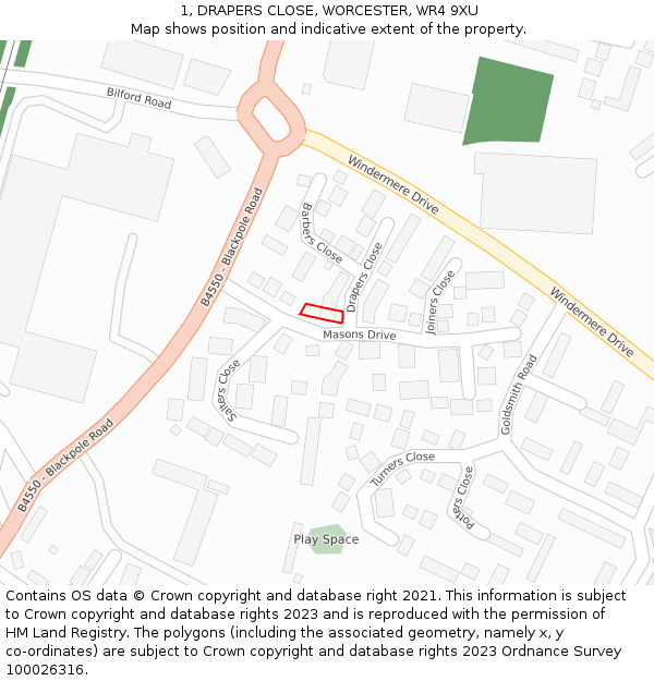 1, DRAPERS CLOSE, WORCESTER, WR4 9XU: Location map and indicative extent of plot