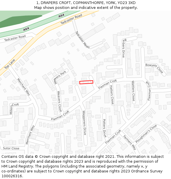 1, DRAPERS CROFT, COPMANTHORPE, YORK, YO23 3XD: Location map and indicative extent of plot