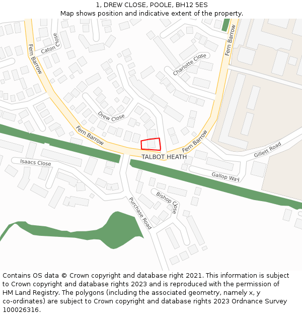 1, DREW CLOSE, POOLE, BH12 5ES: Location map and indicative extent of plot