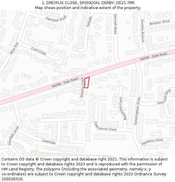 1, DREYFUS CLOSE, SPONDON, DERBY, DE21 7RR: Location map and indicative extent of plot