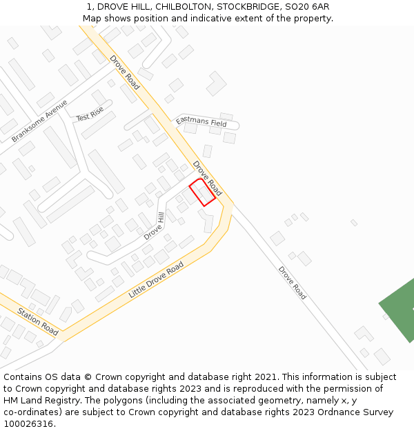 1, DROVE HILL, CHILBOLTON, STOCKBRIDGE, SO20 6AR: Location map and indicative extent of plot