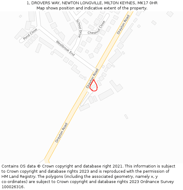 1, DROVERS WAY, NEWTON LONGVILLE, MILTON KEYNES, MK17 0HR: Location map and indicative extent of plot