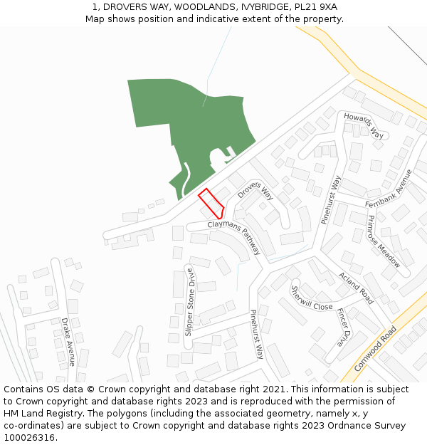 1, DROVERS WAY, WOODLANDS, IVYBRIDGE, PL21 9XA: Location map and indicative extent of plot