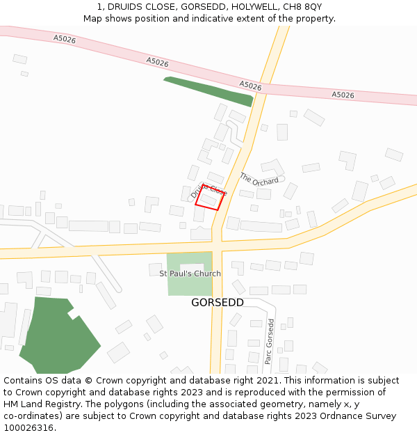 1, DRUIDS CLOSE, GORSEDD, HOLYWELL, CH8 8QY: Location map and indicative extent of plot