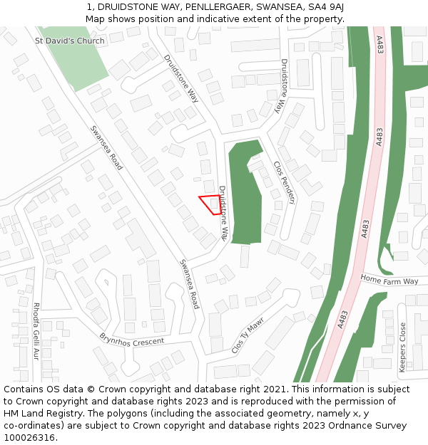 1, DRUIDSTONE WAY, PENLLERGAER, SWANSEA, SA4 9AJ: Location map and indicative extent of plot