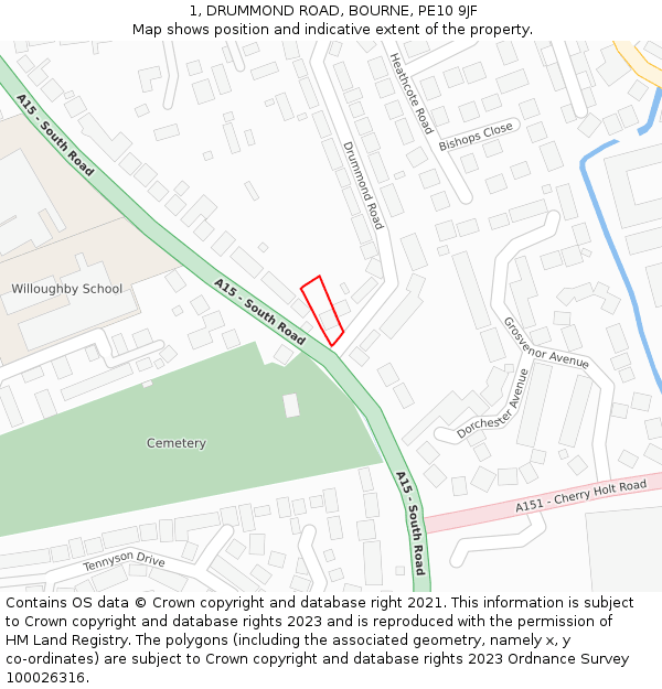 1, DRUMMOND ROAD, BOURNE, PE10 9JF: Location map and indicative extent of plot