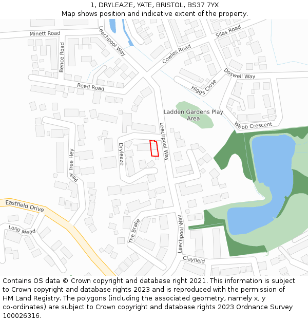 1, DRYLEAZE, YATE, BRISTOL, BS37 7YX: Location map and indicative extent of plot