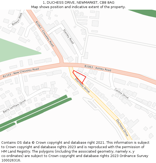 1, DUCHESS DRIVE, NEWMARKET, CB8 8AG: Location map and indicative extent of plot