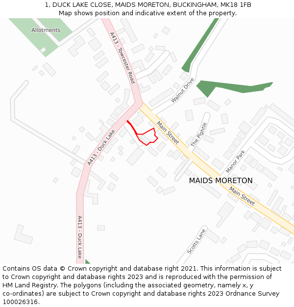 1, DUCK LAKE CLOSE, MAIDS MORETON, BUCKINGHAM, MK18 1FB: Location map and indicative extent of plot