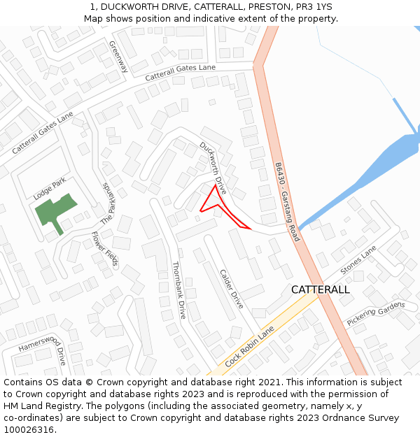 1, DUCKWORTH DRIVE, CATTERALL, PRESTON, PR3 1YS: Location map and indicative extent of plot