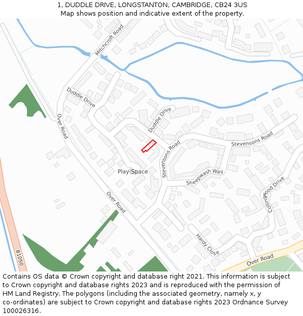 1, DUDDLE DRIVE, LONGSTANTON, CAMBRIDGE, CB24 3US: Location map and indicative extent of plot