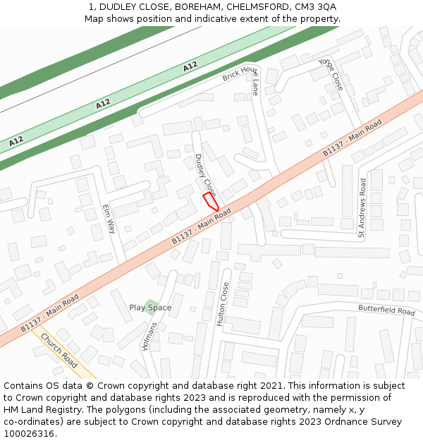 1, DUDLEY CLOSE, BOREHAM, CHELMSFORD, CM3 3QA: Location map and indicative extent of plot