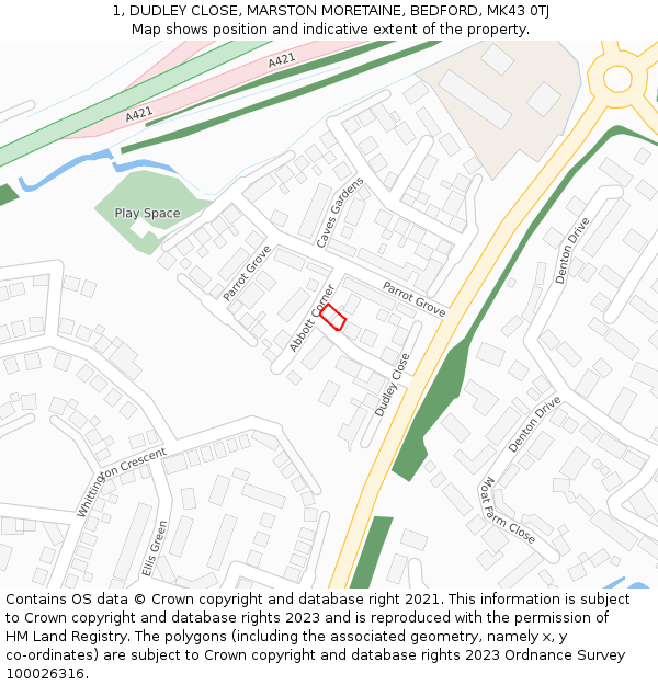 1, DUDLEY CLOSE, MARSTON MORETAINE, BEDFORD, MK43 0TJ: Location map and indicative extent of plot