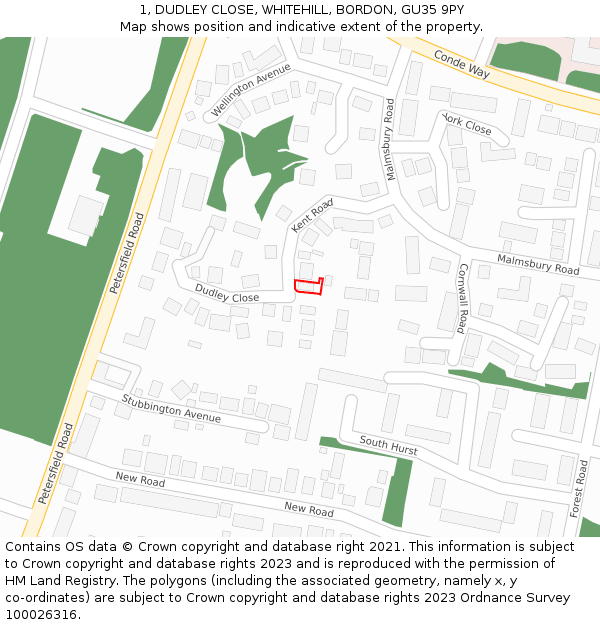 1, DUDLEY CLOSE, WHITEHILL, BORDON, GU35 9PY: Location map and indicative extent of plot