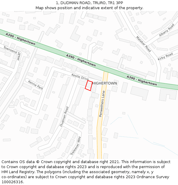 1, DUDMAN ROAD, TRURO, TR1 3PP: Location map and indicative extent of plot