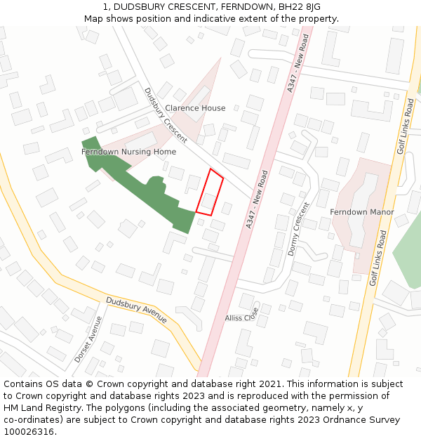 1, DUDSBURY CRESCENT, FERNDOWN, BH22 8JG: Location map and indicative extent of plot