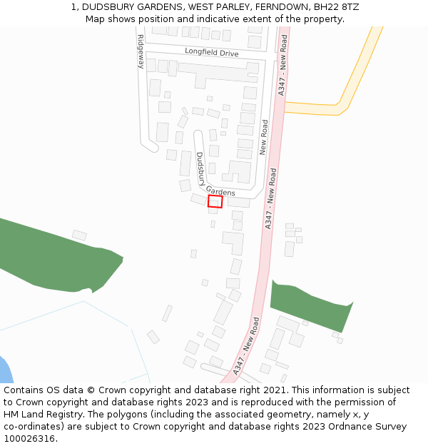 1, DUDSBURY GARDENS, WEST PARLEY, FERNDOWN, BH22 8TZ: Location map and indicative extent of plot