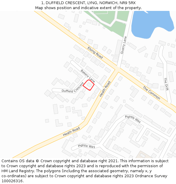 1, DUFFIELD CRESCENT, LYNG, NORWICH, NR9 5RX: Location map and indicative extent of plot
