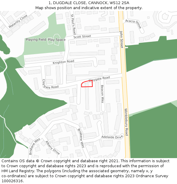 1, DUGDALE CLOSE, CANNOCK, WS12 2SA: Location map and indicative extent of plot