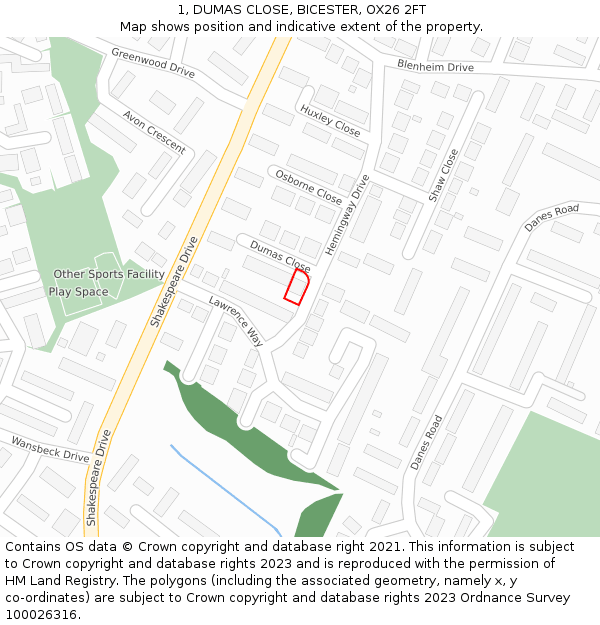 1, DUMAS CLOSE, BICESTER, OX26 2FT: Location map and indicative extent of plot