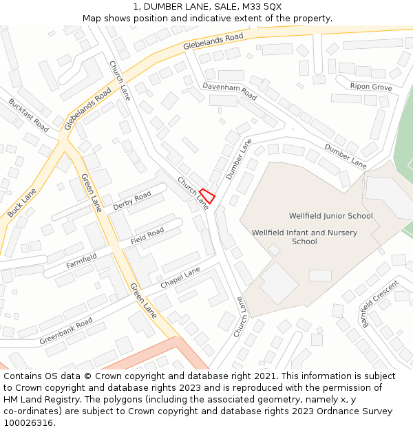 1, DUMBER LANE, SALE, M33 5QX: Location map and indicative extent of plot