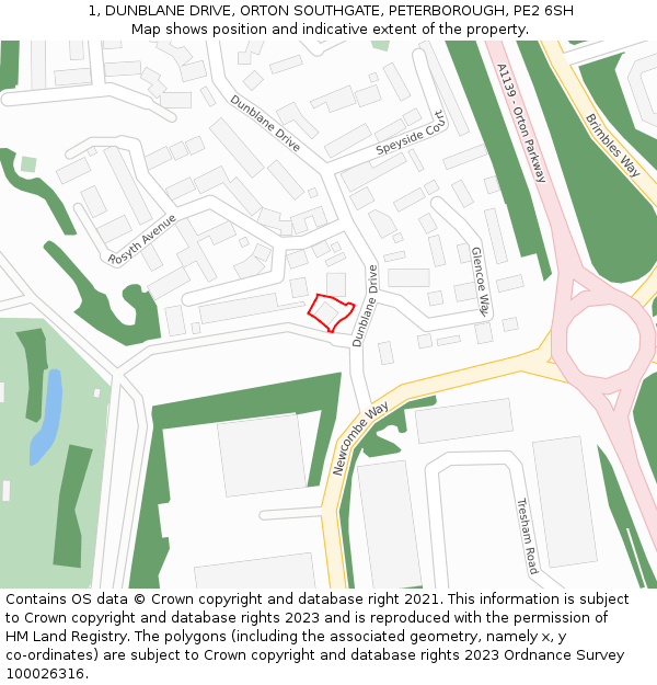 1, DUNBLANE DRIVE, ORTON SOUTHGATE, PETERBOROUGH, PE2 6SH: Location map and indicative extent of plot