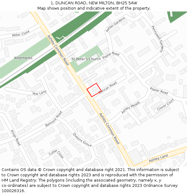 1, DUNCAN ROAD, NEW MILTON, BH25 5AW: Location map and indicative extent of plot