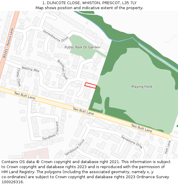 1, DUNCOTE CLOSE, WHISTON, PRESCOT, L35 7LY: Location map and indicative extent of plot