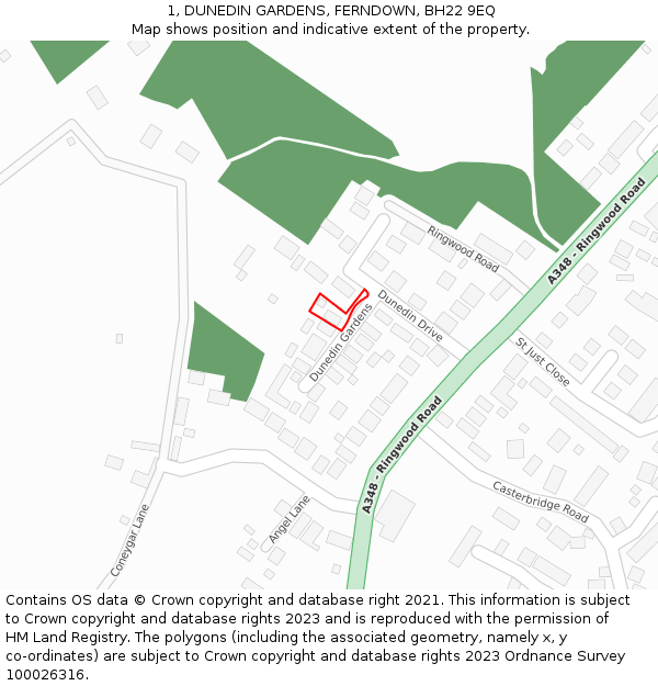 1, DUNEDIN GARDENS, FERNDOWN, BH22 9EQ: Location map and indicative extent of plot