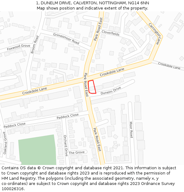 1, DUNELM DRIVE, CALVERTON, NOTTINGHAM, NG14 6NN: Location map and indicative extent of plot