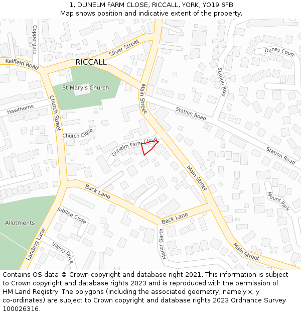 1, DUNELM FARM CLOSE, RICCALL, YORK, YO19 6FB: Location map and indicative extent of plot