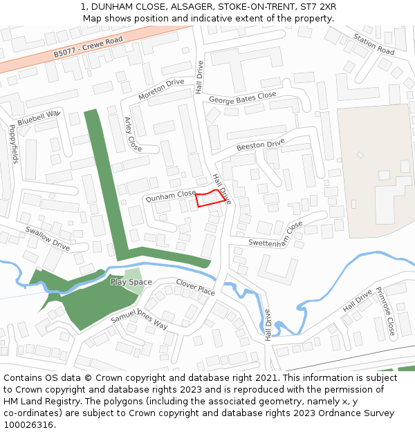 1, DUNHAM CLOSE, ALSAGER, STOKE-ON-TRENT, ST7 2XR: Location map and indicative extent of plot