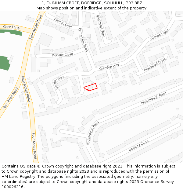 1, DUNHAM CROFT, DORRIDGE, SOLIHULL, B93 8RZ: Location map and indicative extent of plot