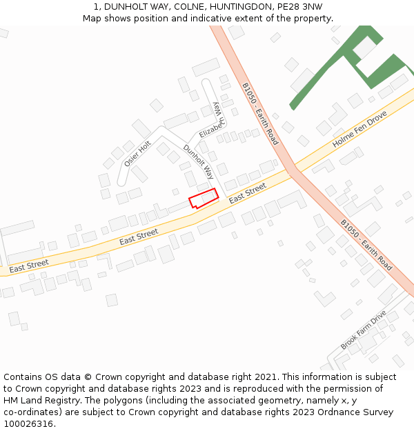 1, DUNHOLT WAY, COLNE, HUNTINGDON, PE28 3NW: Location map and indicative extent of plot