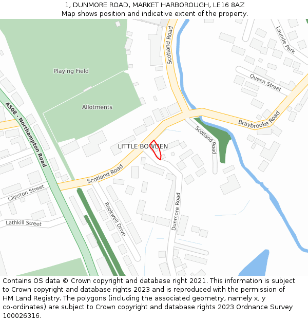 1, DUNMORE ROAD, MARKET HARBOROUGH, LE16 8AZ: Location map and indicative extent of plot