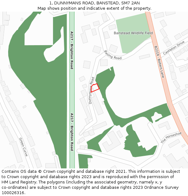 1, DUNNYMANS ROAD, BANSTEAD, SM7 2AN: Location map and indicative extent of plot