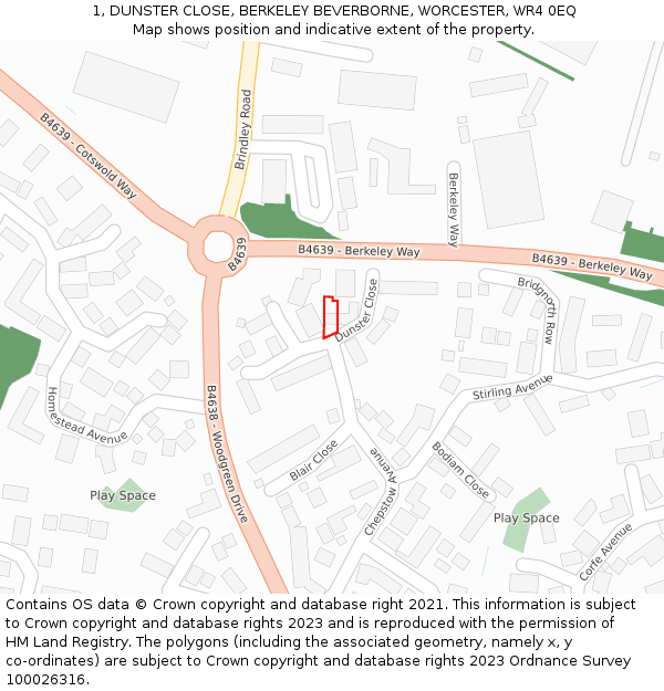 1, DUNSTER CLOSE, BERKELEY BEVERBORNE, WORCESTER, WR4 0EQ: Location map and indicative extent of plot