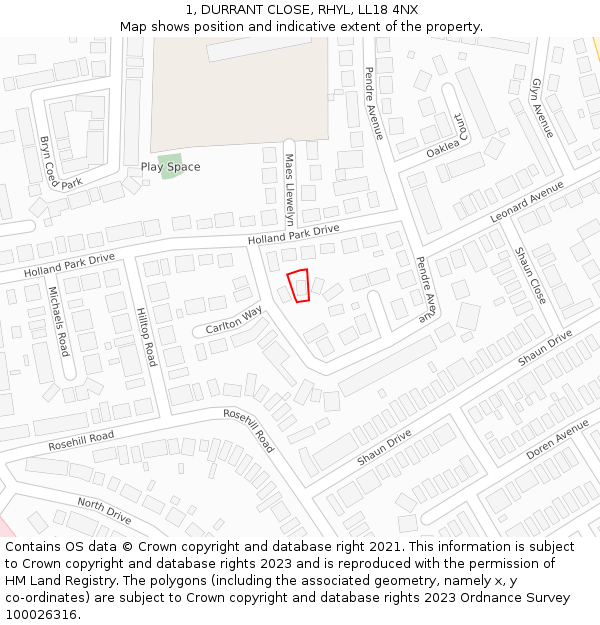 1, DURRANT CLOSE, RHYL, LL18 4NX: Location map and indicative extent of plot