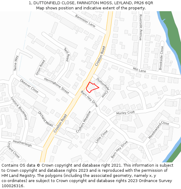 1, DUTTONFIELD CLOSE, FARINGTON MOSS, LEYLAND, PR26 6QR: Location map and indicative extent of plot