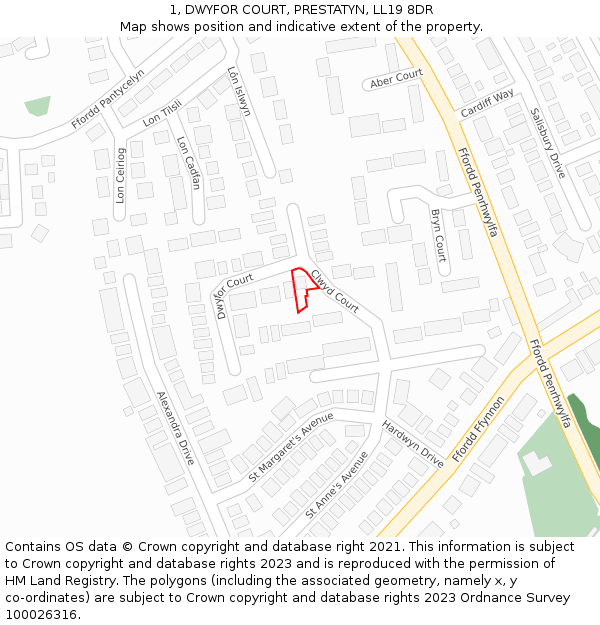 1, DWYFOR COURT, PRESTATYN, LL19 8DR: Location map and indicative extent of plot