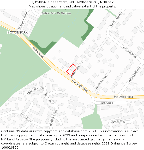 1, DYBDALE CRESCENT, WELLINGBOROUGH, NN8 5EX: Location map and indicative extent of plot